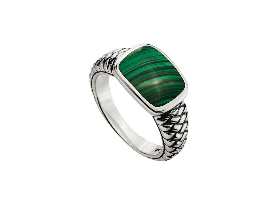 MENS 12MM SOLID SILVER RECTANGLE RING WITH MALACHITE INSET AND OXIDISED PATTERN (R9010)