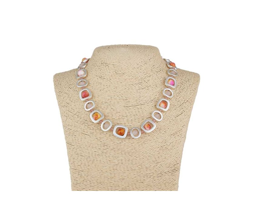 BRUSHED SILVER NECKLACE PINK / ORANGE AGATE 49CM (AAXF)