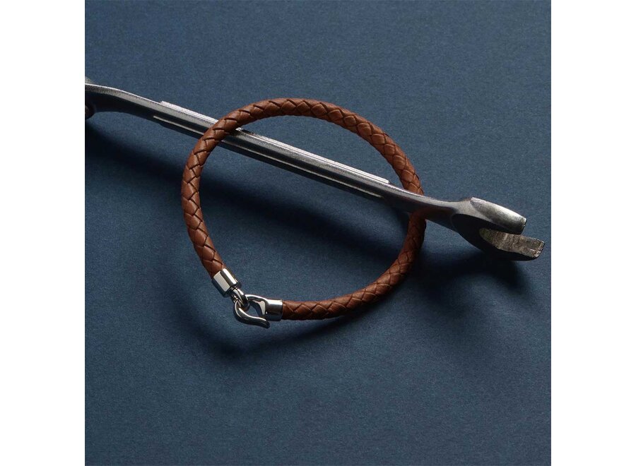 THE MARINER MEN'S TAN PLAITED LEATHER & STEEL BRACELET 23CM