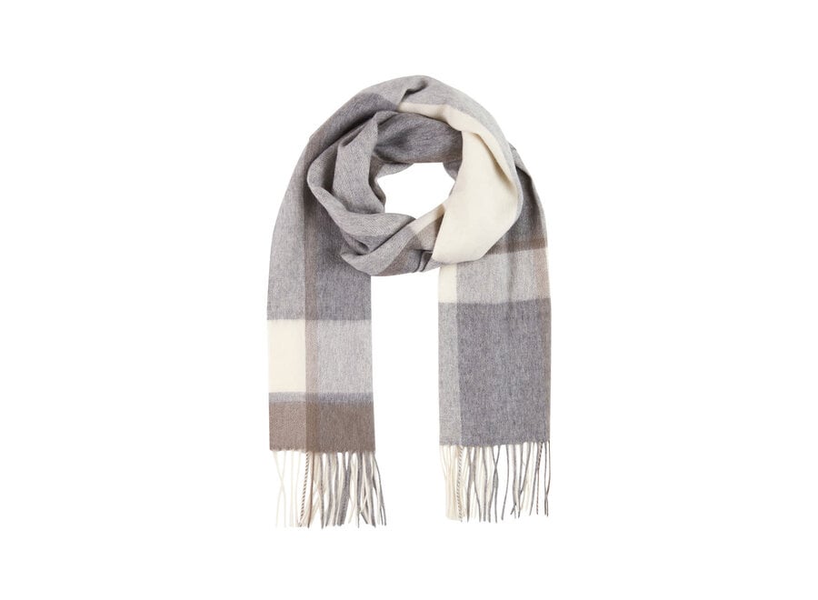 WOVEN PLAID CASHMERE SCARF GREY BROWN CREME 35