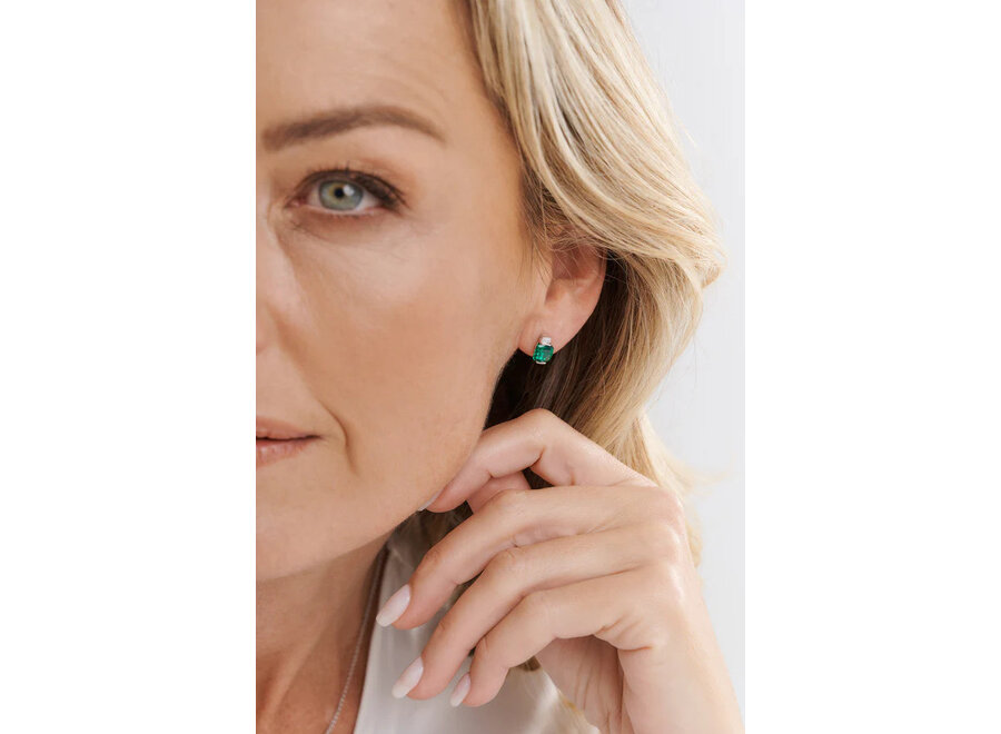 ERIN GREEN SQUARE & CLEAR CZ STUD EARRINGS (E23-G)