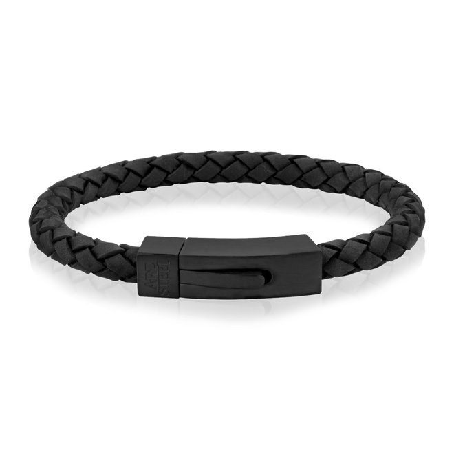 Bracelet - Cuir noir tressé arrondi, fermoir en acier inoxydable noir