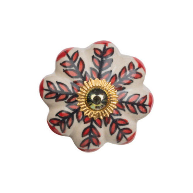 Poignée fleur - Crème et motifs rouges