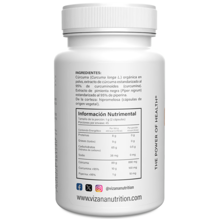 Cúrcuma Orgánica en Capsulas, Complejo Curcumina Vizana 60-500 mg
