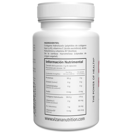 Colageno Hidrolizado en Capsulas con acido hialuronico, Biotina y Vit C Vizana 90/500mg