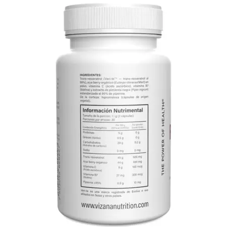 Trans-Resveratrol con Acai Berry orgánico, Vitamina C, Biotina y Piperina Vizana 60/250mg