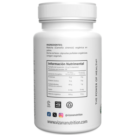 Matcha en Cápsulas Orgánicas Vizana 90-400 mg.