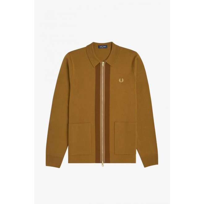 Fred Perry Zip Through Cardigan, Dark Caramel