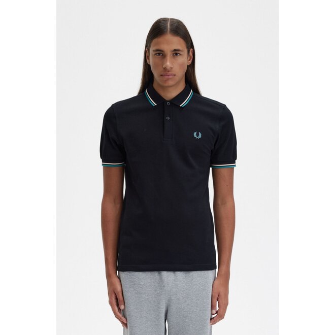 Twin Tipped Fred Perry Shirt in Black/Silky Peach/Deep Mint