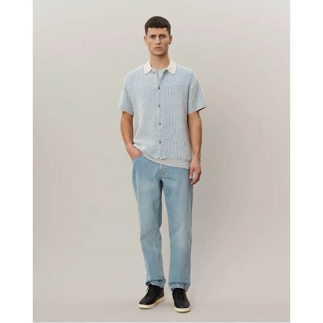 Easton Knitted SS Shirt in Washed Denim Blue/Ivory