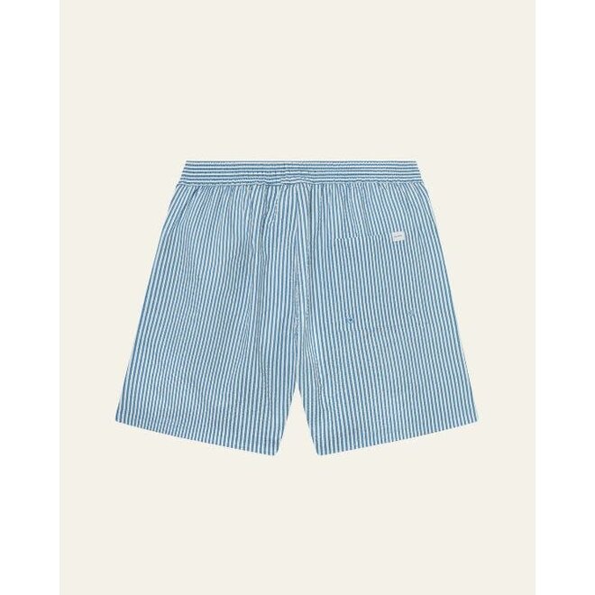 Stan Stripe Seersucker Swim Shorts in Washed Denim Blue/Light Ivory