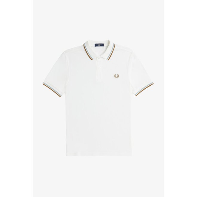 Twin Tipped Fred Perry Shirt in Snow White/ Silver Blue/Dark Caramel