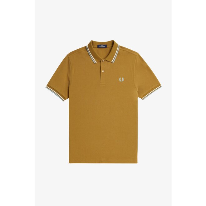 Twin Tipped Fred Perry Shirt in Dark Caramel/Snow White/Silver Blue