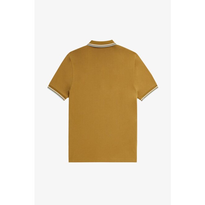 Twin Tipped Fred Perry Shirt in Dark Caramel/Snow White/Silver Blue