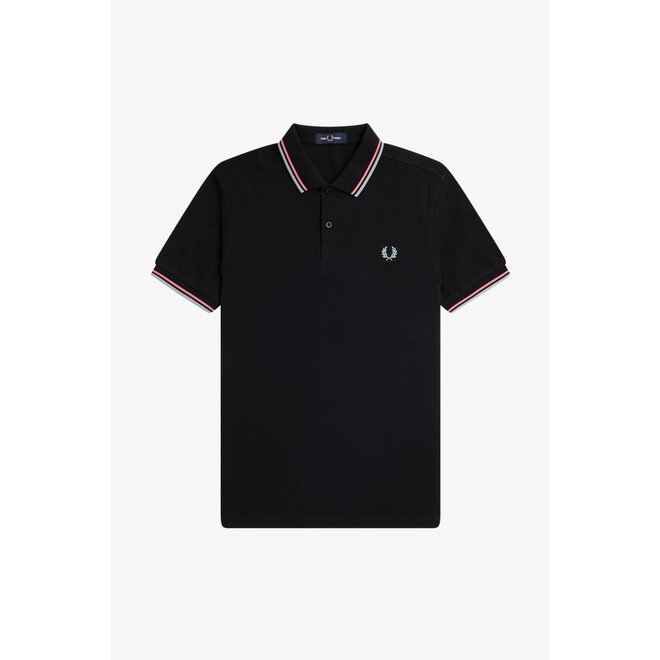 Twin Tipped Fred Perry Shirt in Black/ Coral Heat/Silver Blue