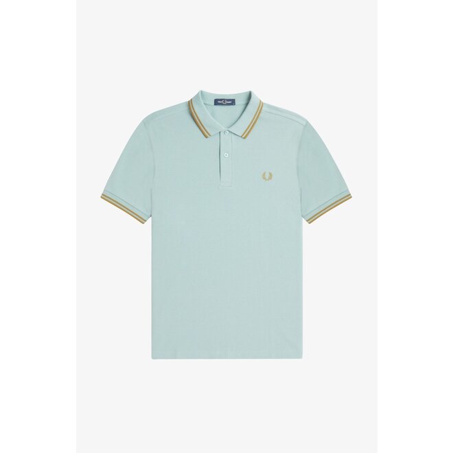 Twin Tipped Fred Perry Shirt in Silver Blue/ Dark Caramel
