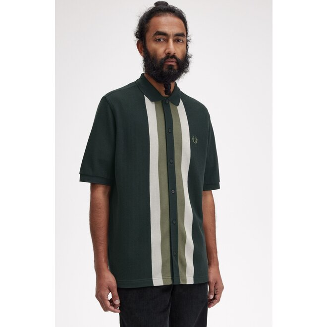 Panelled Button Through Polo Shirt in Night Green