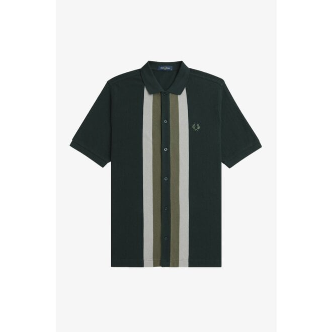 Panelled Button Through Polo Shirt in Night Green