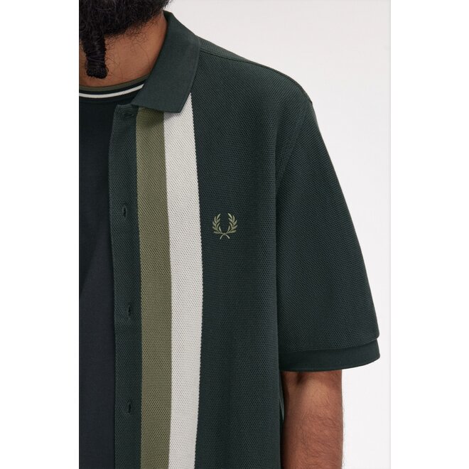 Panelled Button Through Polo Shirt in Night Green