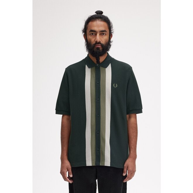 Panelled Button Through Polo Shirt in Night Green