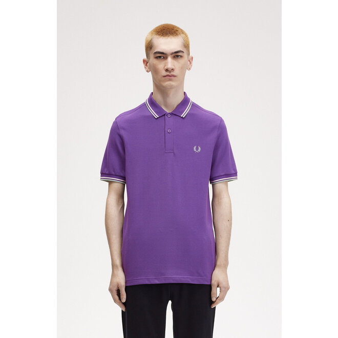 Twin Tipped Fred Perry Shirt in Amethyst/Ecru/Silver Blue