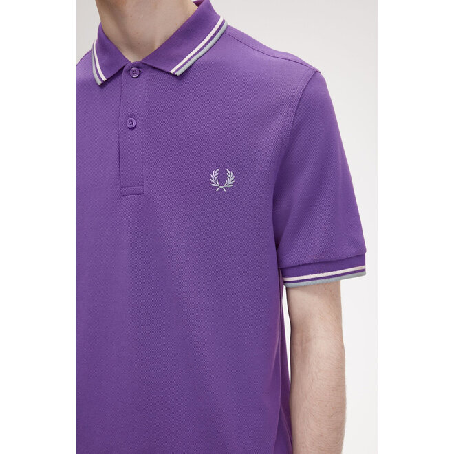 Twin Tipped Fred Perry Shirt in Amethyst/Ecru/Silver Blue