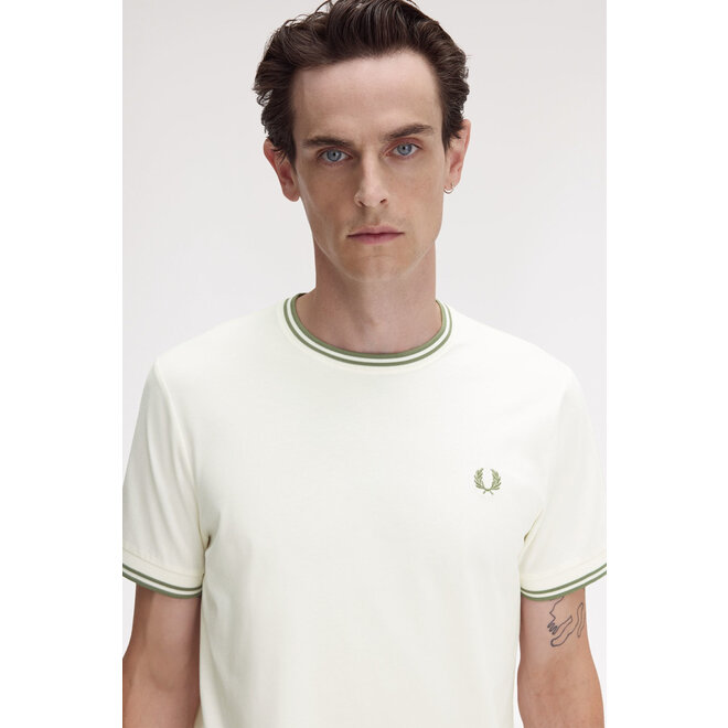 Twin Tipped T-Shirt in Light Ecru/Olive Mint