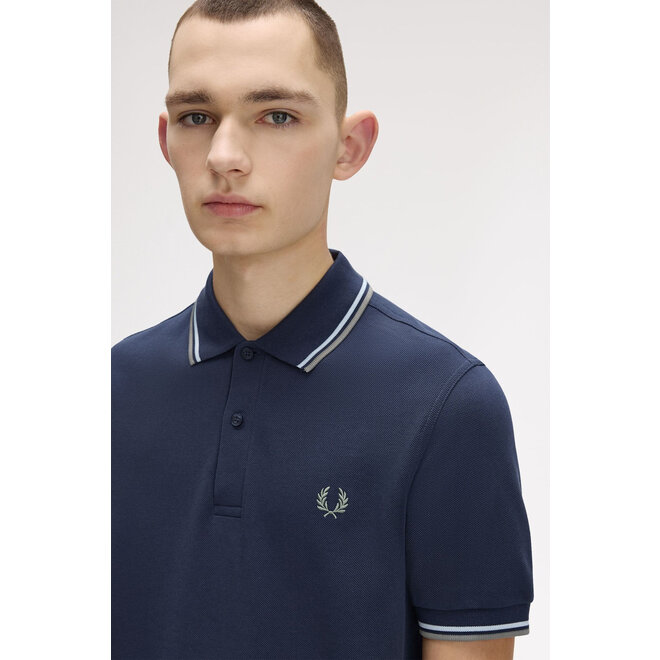Twin Tipped Fred Perry Shirt in Dark Airforce/Light Ice/Bay Leaf