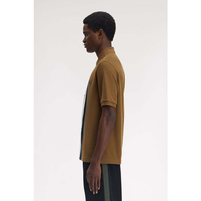 Panelled Buttoned Through Polo Shirt in Shaded Stone