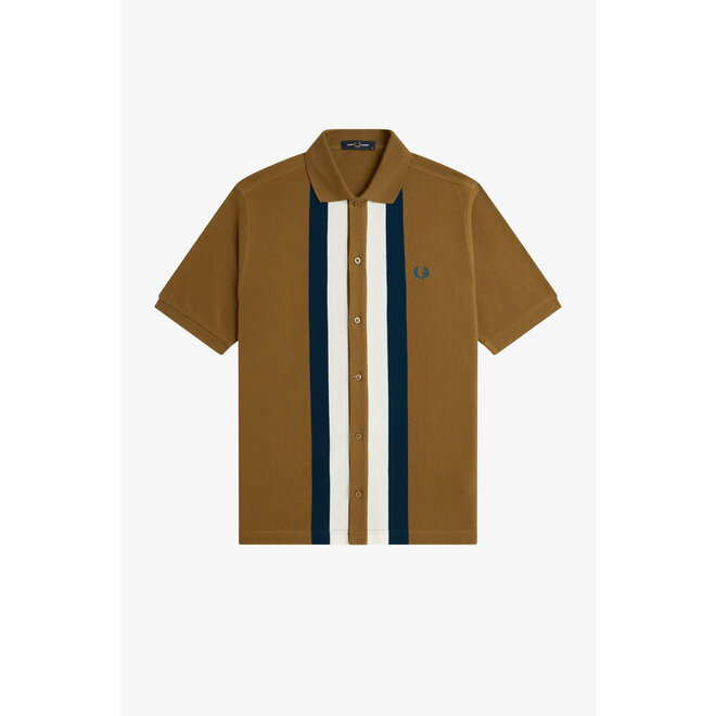 Panelled Buttoned Through Polo Shirt in Shaded Stone