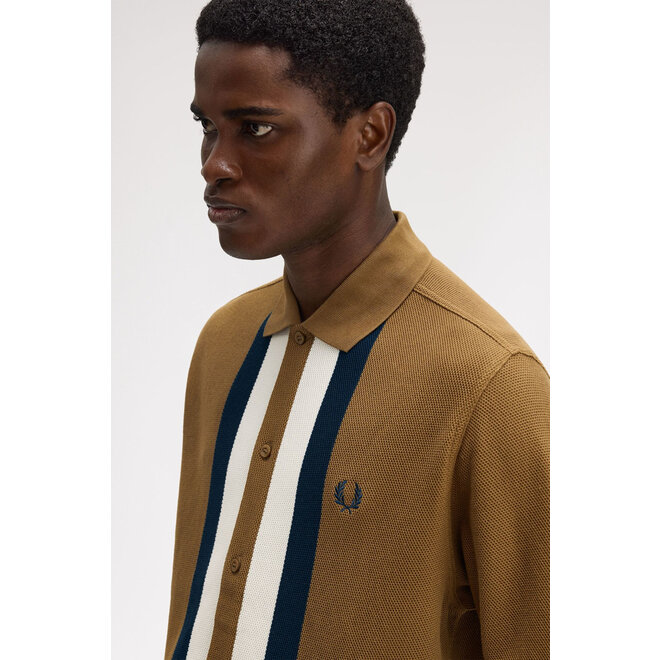 Panelled Buttoned Through Polo Shirt in Shaded Stone