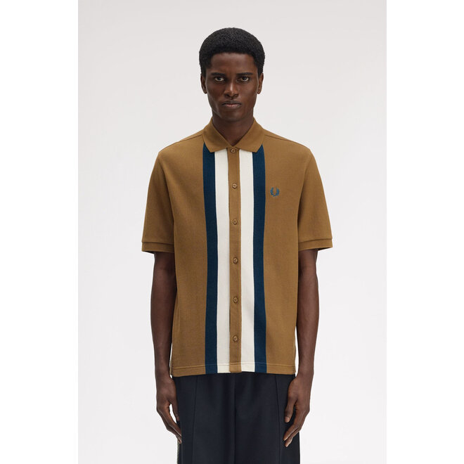 Panelled Buttoned Through Polo Shirt in Shaded Stone