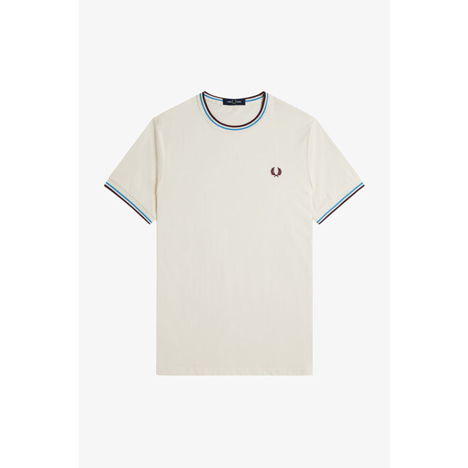 Twin Tipped T-Shirt in Ecru/Court Blue/Oxblood Red