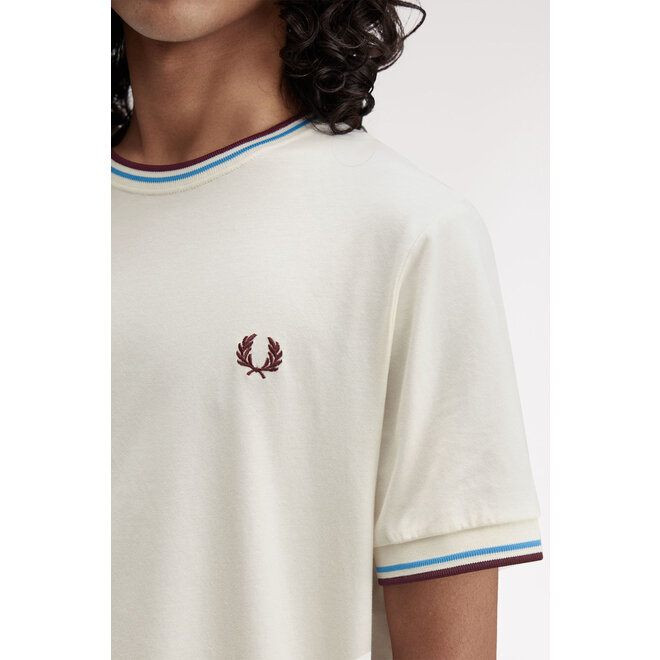 Twin Tipped T-Shirt in Ecru/Court Blue/Oxblood Red