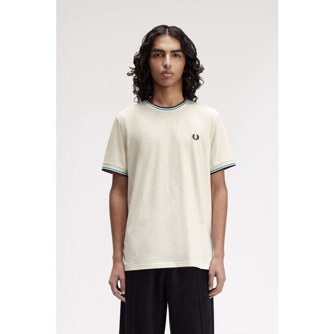 Twin Tipped T-Shirt in Ecru/Court Blue/Oxblood Red