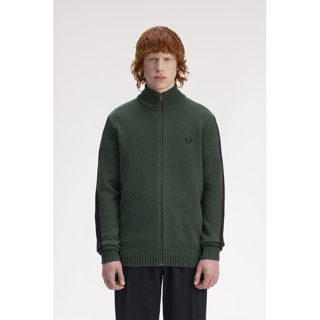 Ribbed Sleeve Zip Through Cardigan in Court Green