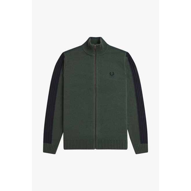 Ribbed Sleeve Zip Through Cardigan in Court Green