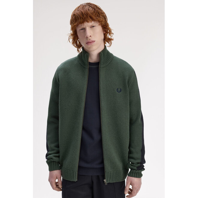 Ribbed Sleeve Zip Through Cardigan in Court Green