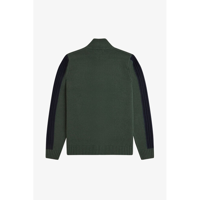 Ribbed Sleeve Zip Through Cardigan in Court Green