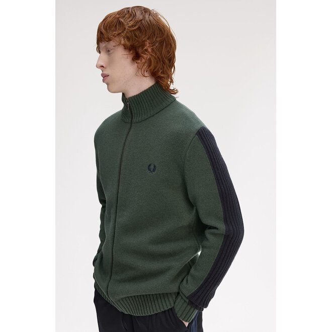 Ribbed Sleeve Zip Through Cardigan in Court Green