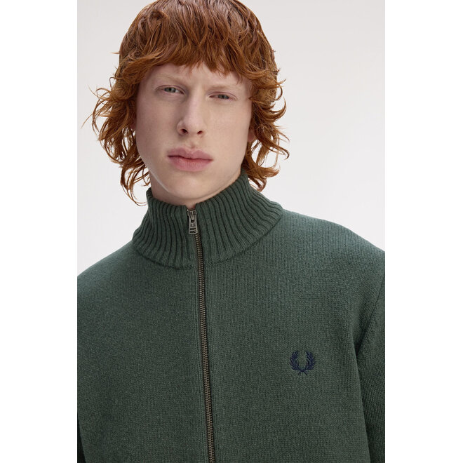 Ribbed Sleeve Zip Through Cardigan in Court Green