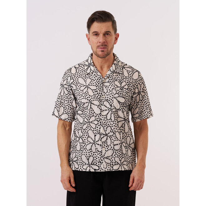 Road Shirt in Ecru/Black Kantha Flowers