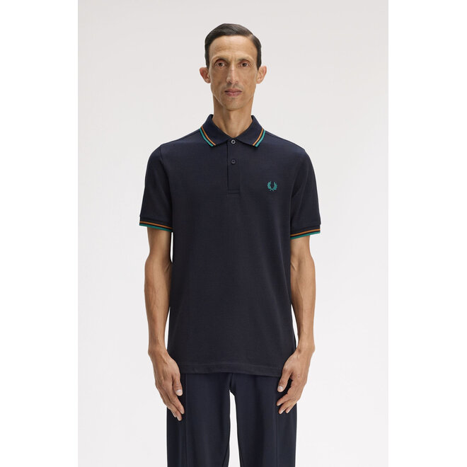 Twin Tipped Fred Perry Shirt in Navy/Dark Caramel/Sport Green