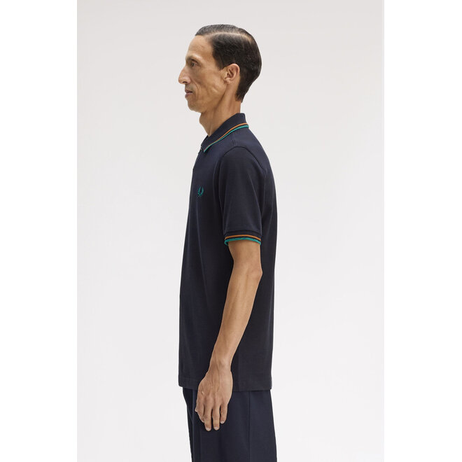 Twin Tipped Fred Perry Shirt in Navy/Dark Caramel/Sport Green