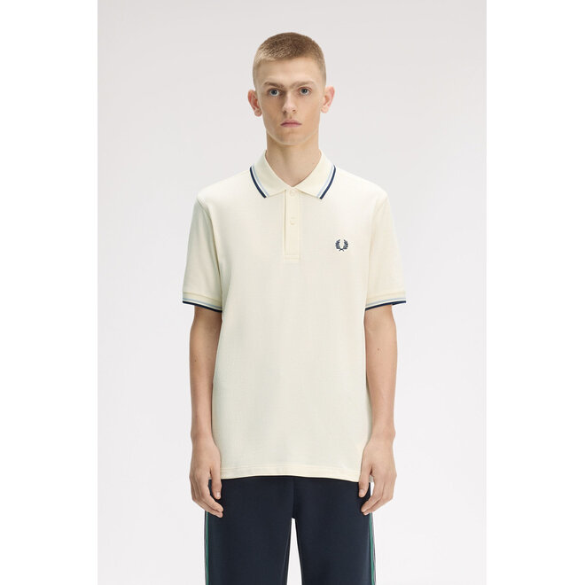 Twin Tipped Fred Perry Shirt in Ecru/Dusky Blue/French Navy