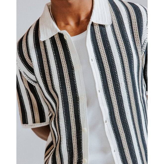 Porto Stripe Crochet Shirt in Ecru/Black