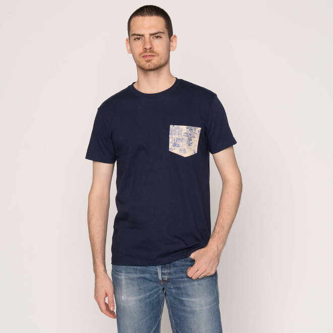 Pocket Tee in Navy/Linen Cats