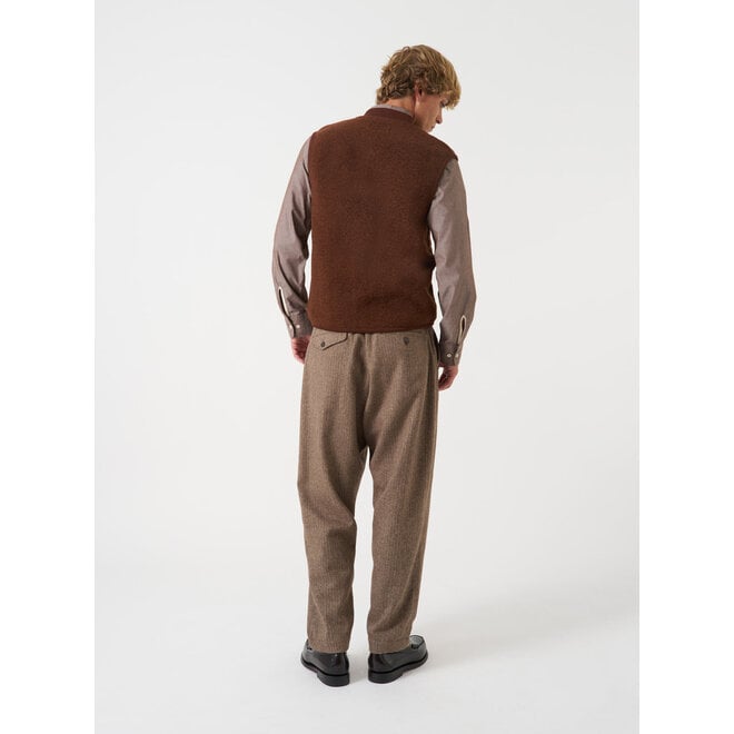 Pleated Track Pant in Brown Wool Herringbone