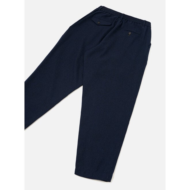 Pleated Track Pant in Navy Wool Herringbone