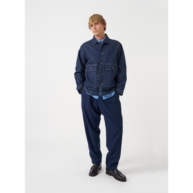 Pleated Track Pant in Navy Wool Herringbone